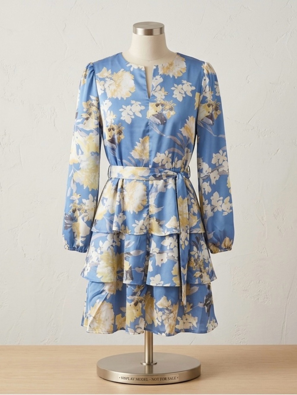 Nicole Miller New York Blue Floral Chiffon Wrap Dress V-Neck Long Sleeve S